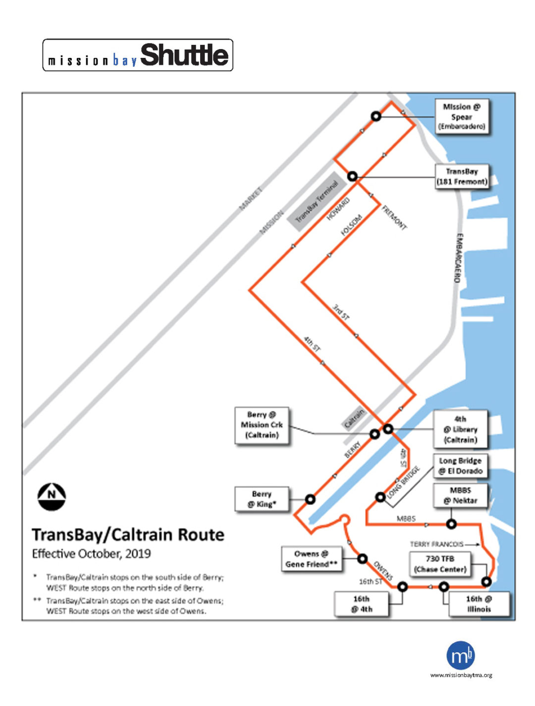 2019 10 MBTMA Route map TB-Caltrain | Mission Bay TMA